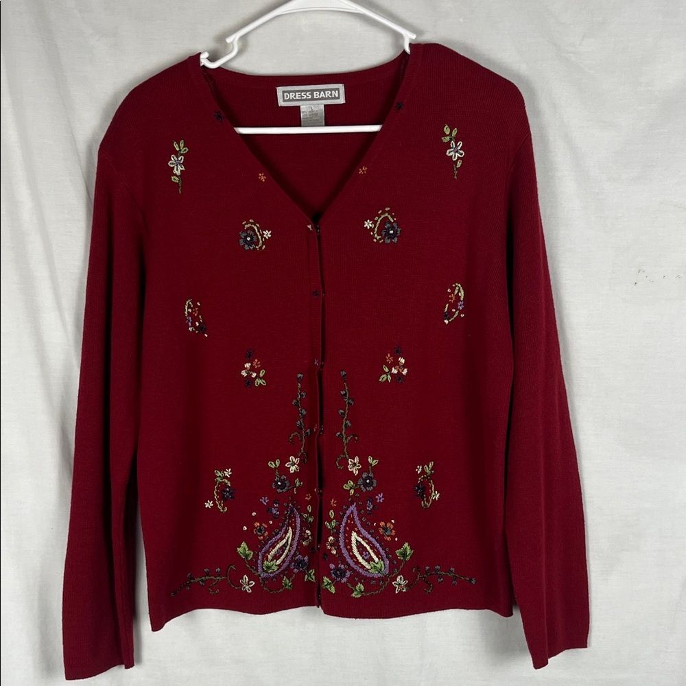 Dress Barn Red Button Up Cardigan Floral Embroidery